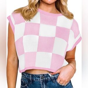 Pink and White Checkered Women's Summer Sweater Vest Size L